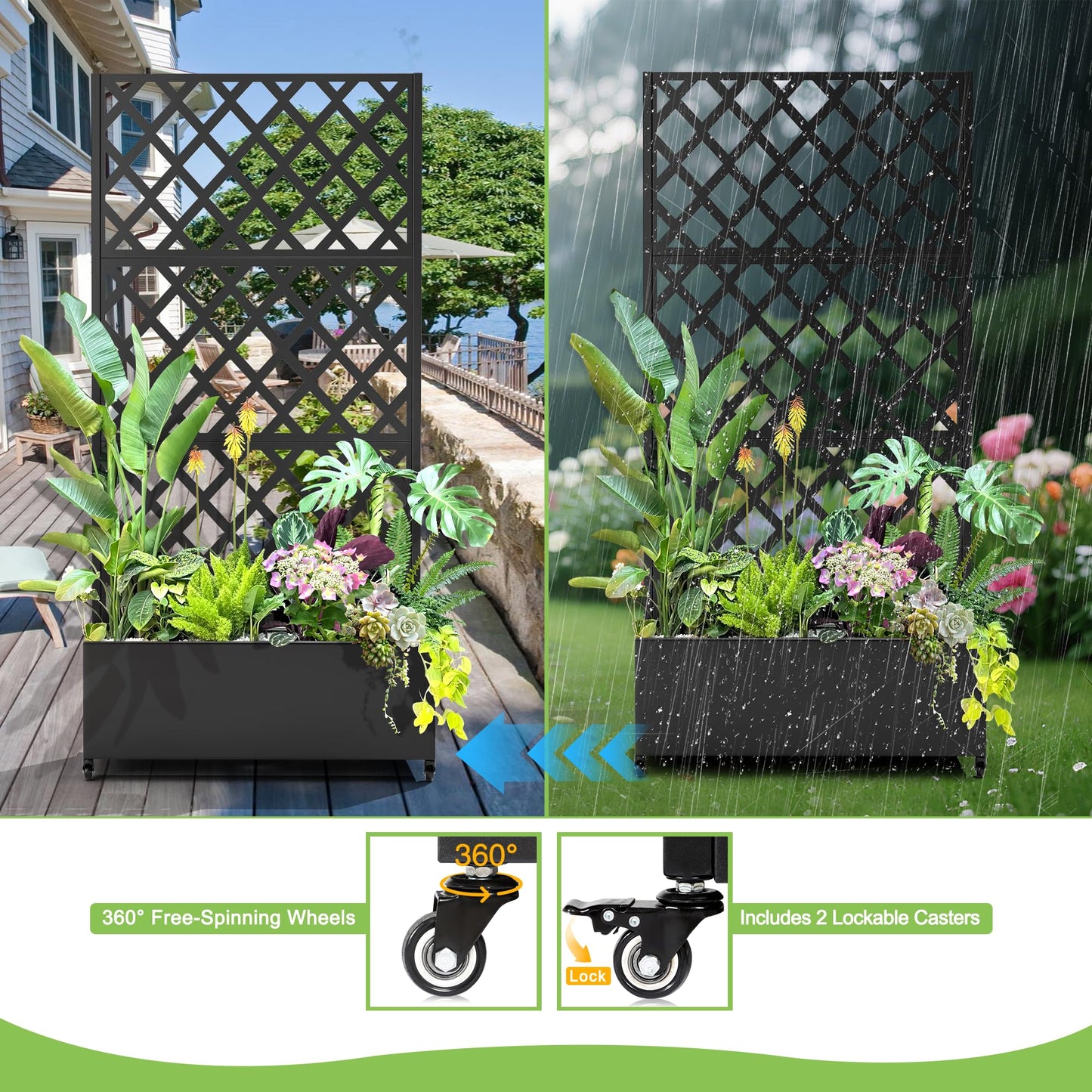 YESUNEED Metal Planter Trellis Box with Wheels & Drain Plug Outdoor Raised Garden Bed Patio Privacy Screen with Planter for Climbing Plants, Vegetables 73"x35"x16" Black-Diamond