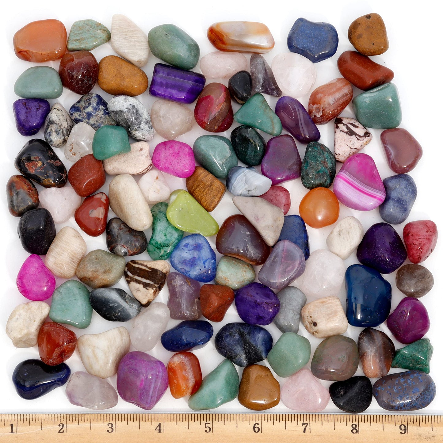 DANCING BEAR 2 Pounds (lbs) Tumbled Polished Natural & Dyed Gem Stones + Educational Color ID Sheet & 28 Page Rock & Mineral Identification Book. Average Stone Size 1 inch, Limited Edition