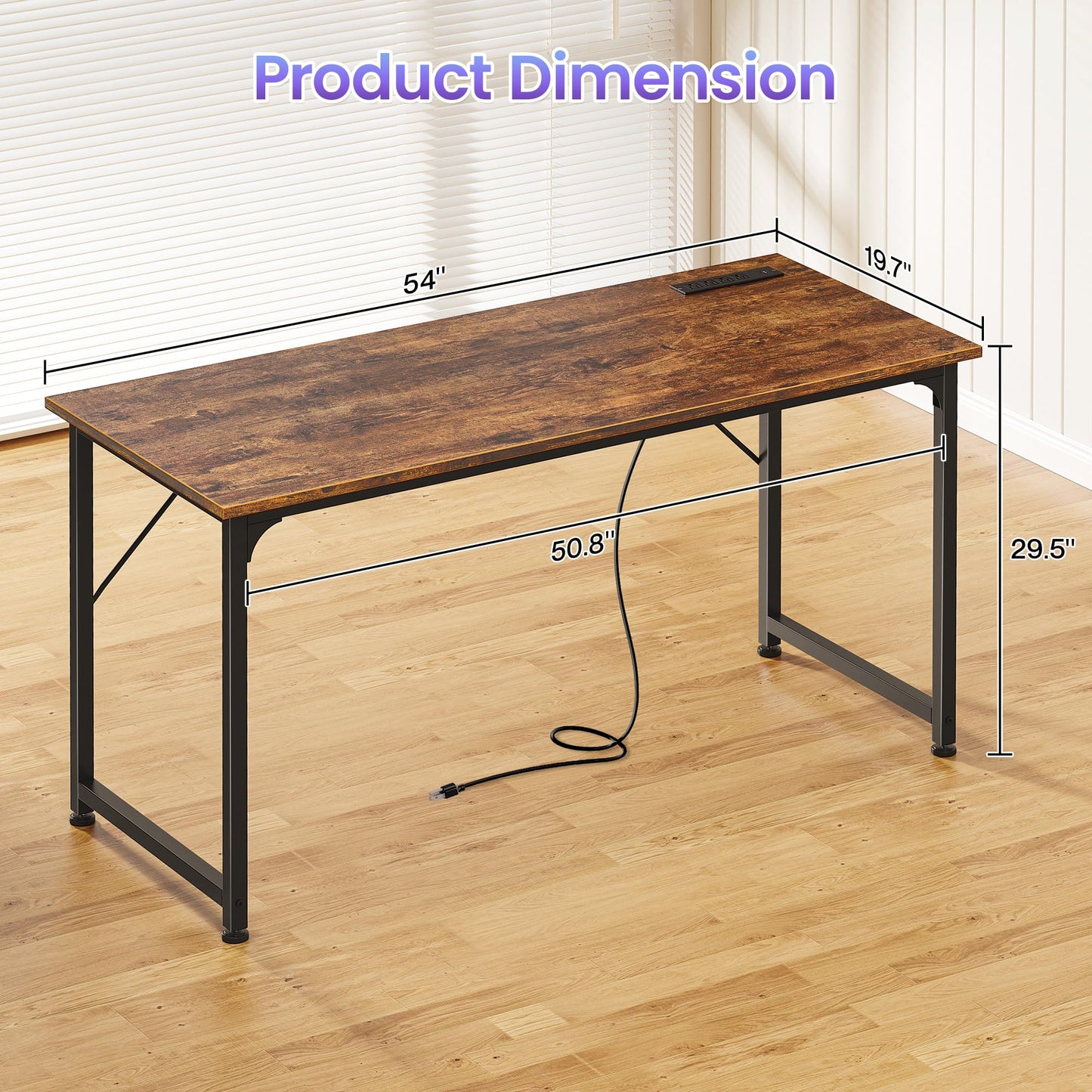 PRAISUN 55 X 20 Inch Office Computer Desk with Power Outlets and USB-C Port, Larger and Longer Gaming Desk, for Home Office, Study, Bedroom, Writing Work from Home Table, Metal Frame, Rustic Brown