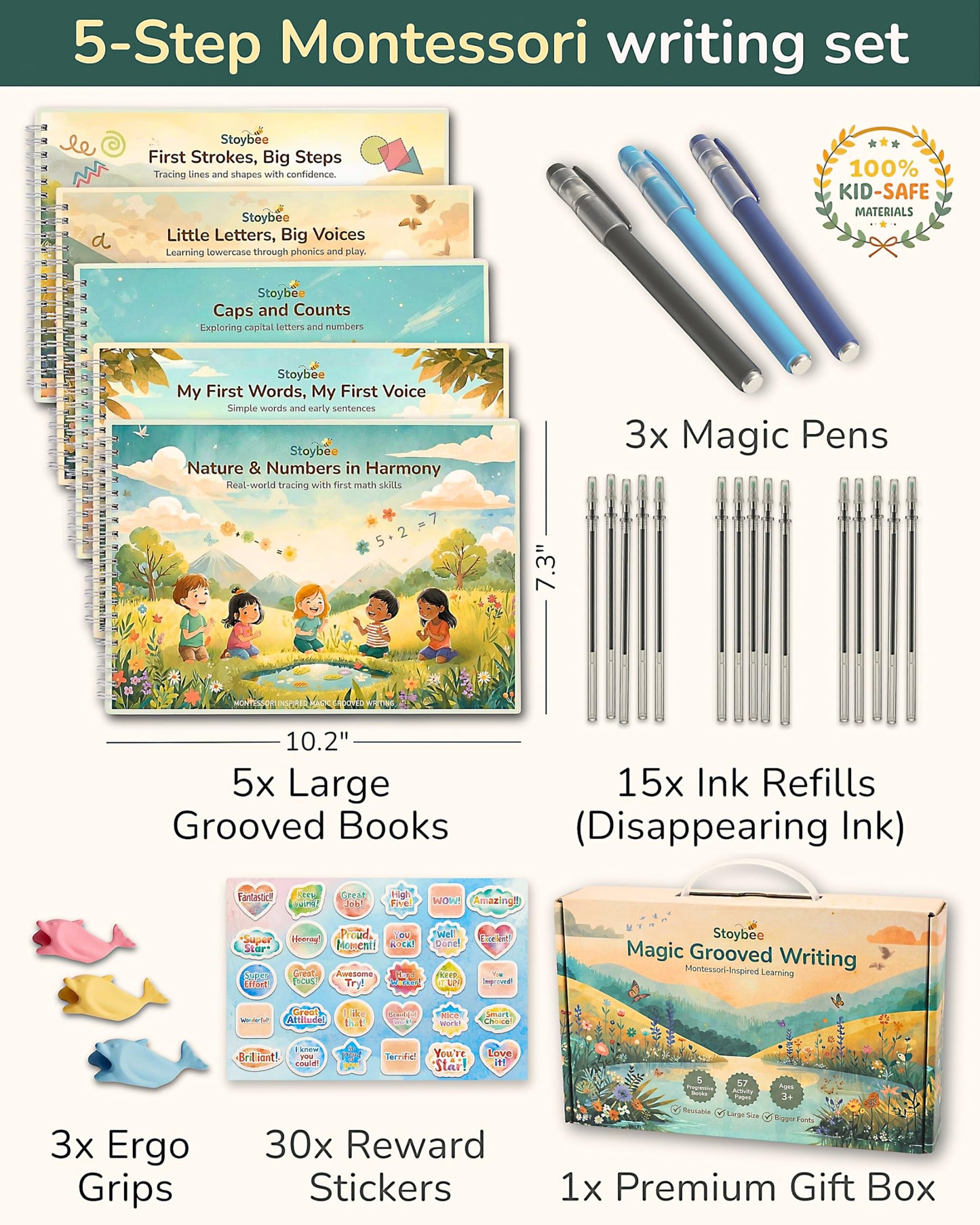 Stoybee Magic Grooved Writing Practice for kids | Deep Grooved Handwriting Practice for Kids Ages 3-7 | Large Pages, Big Letters, Reusable, 15 Refills | Montessori Groove writing Preschool Workbook