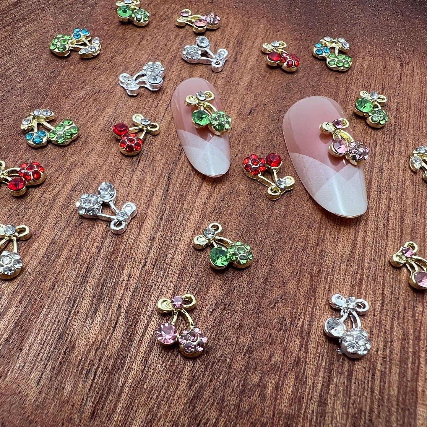 Pizadix 30PCS Cherry Nail Charms Set, 6 Styles (5 Each), Gold/Silver Alloy Rhinestone Fruit Designs, 6-Grid Organizer Box, for Gel, Acrylic & Press-On Nails