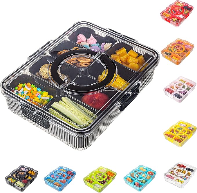 Patent Design Ribbed Snackle Box Container Divided Serving Tray with Lid and Handle -Charcuterie Container Portable Storage Organizer for Candy, Fruit, Beach, Picnics（1 pcs, Black）