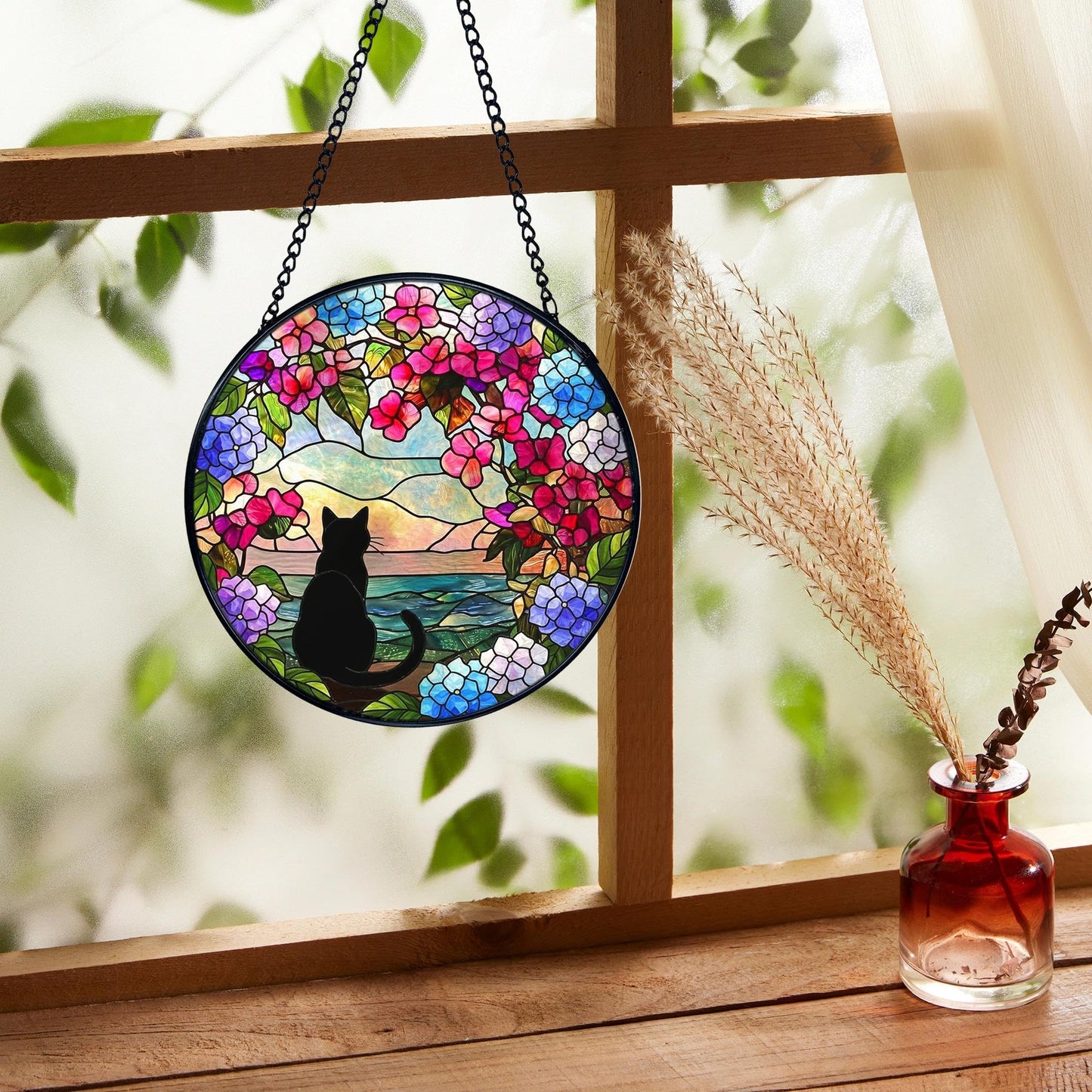 FUGWN Black Cat Hydrangea Flower Stained Glass Window Hanging, Black Cat Sun Catchers Indoor Window Round Glass Wall Art Decor, Cats Floral Suncatcher Wall Hanging Decorations, Lawn Care