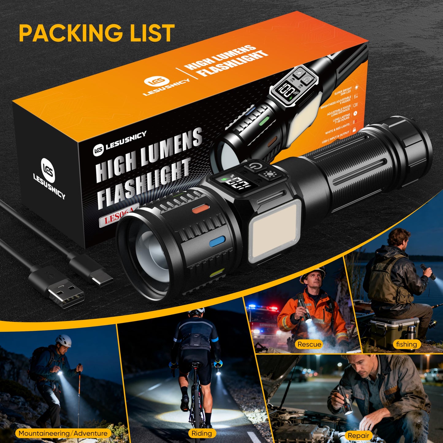 lesusnicy Rechargeable Flashlights High Lumens 100,000, Super Bright LED Flash Light Long Lasting USB C LCD Display, Dual Light Source & Buttons with Red Light, for Camping Hiking Emergency Home Gift