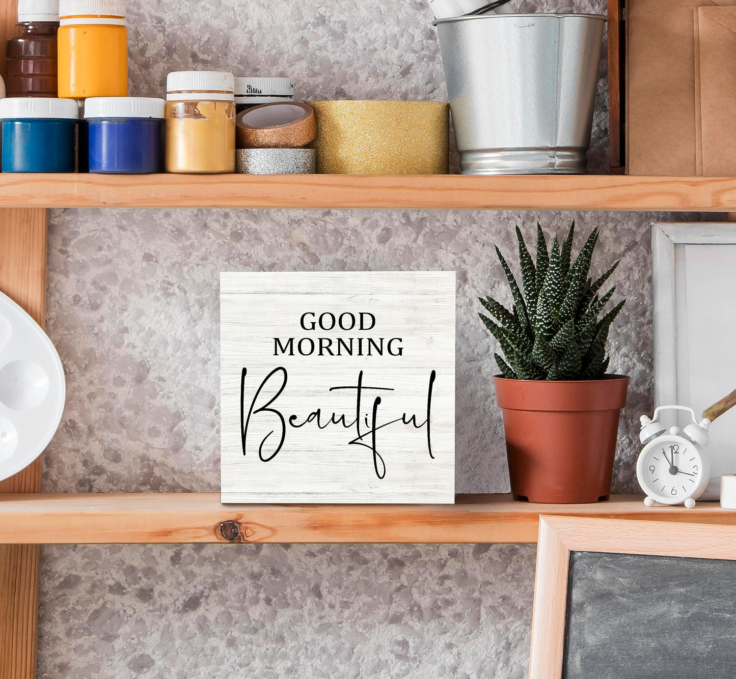 SRADMO Good Morning Beautiful Wood Box Sign Desk Decor,Rustic Wooden Block Box Sign Decoration For Home Bedroom Bathroom Shelf Table Decor