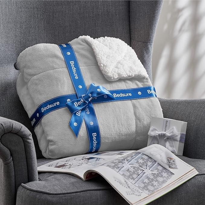 Bedsure Sherpa Fleece Blankets Queen Size for Bed - Thick and Warm, Soft Fuzzy Plush Queen Blanket for Winter, Light Grey, 90x90 Inches