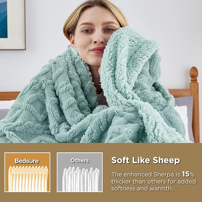 Bedsure Sherpa Queen Size Blanket for Bed - GentleSoft Fleece Fluffy & Cozy Cable Jacquard Tufted for Women Gift, Thick and Warm Blankets for Winter, Sage Green, 90x90 Inches