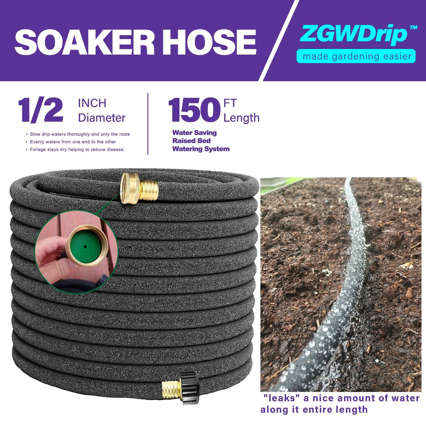 ZGWDrip 150FT 1/2" Water-Saving Soaker Hose with Solid Brass Connectors, Drip Irrigation Kit for Lawn & Landscaping with Metal Ground Stake & Accessory Kit