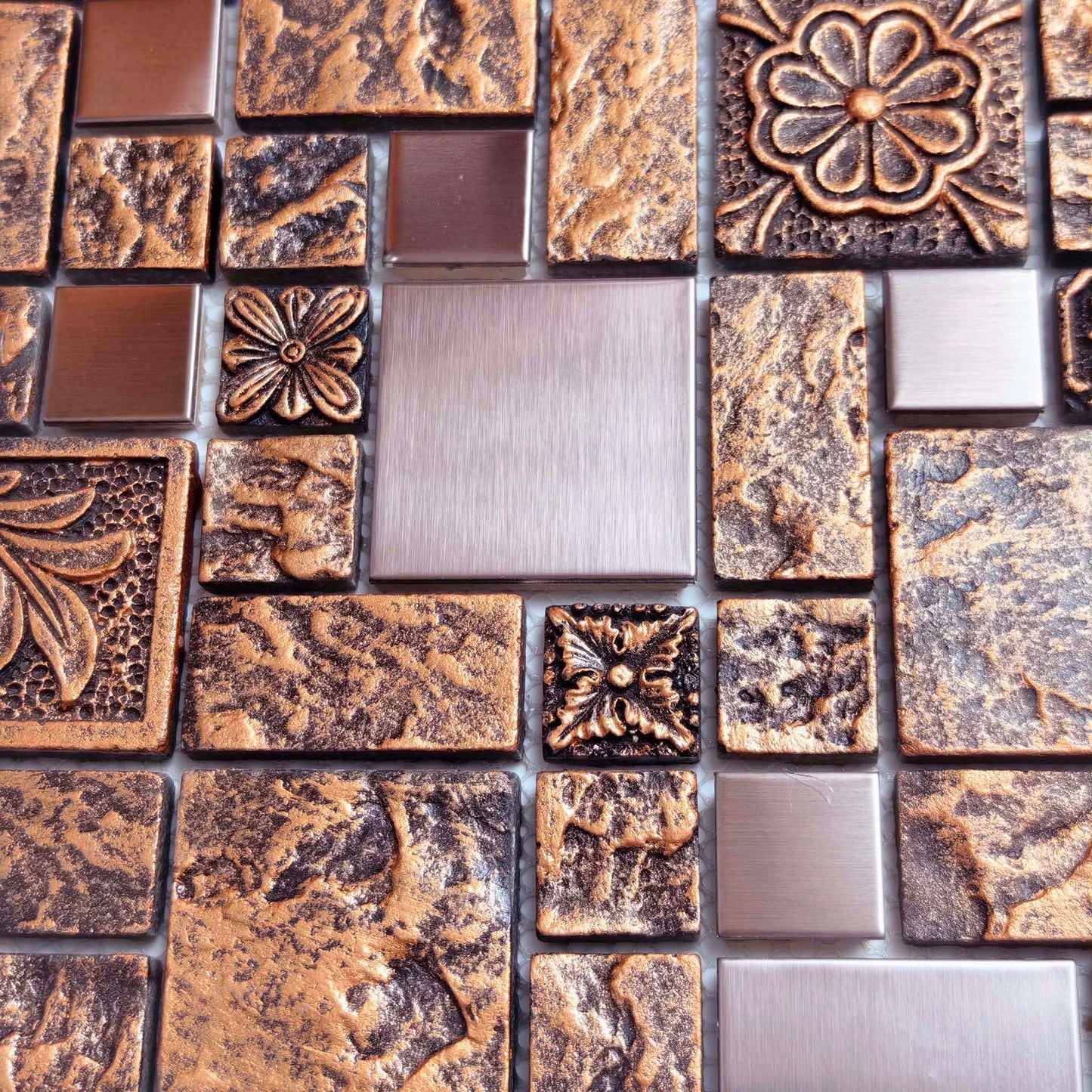 Hominter Bronze & Brushed Metal Mosaic Tile Copper Textured Resin Decorative Wall Backsplash for Kitchen Backsplash, Bathroom Wall, Fireplace Surrounds (5 Square Feet)