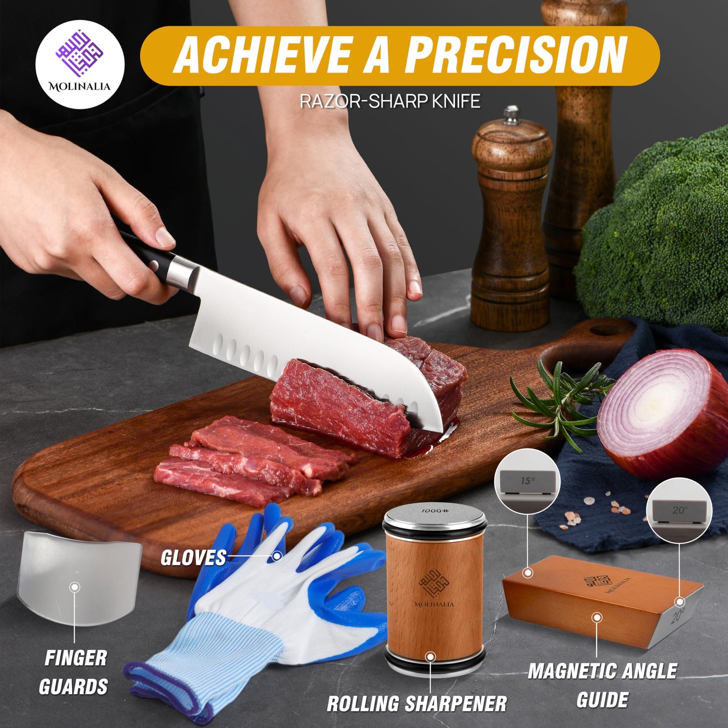 Molinalia Rolling Knife Sharpener Kit for Kitchen - Multi Angle Tool with Magnetic Angle Guide (15°/20°) Diamond & Ceramic Discs, Knife Sharpening Kit having Finger Guard, Gloves & Travel Bag