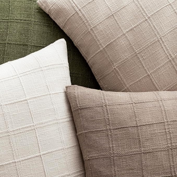 Foindtower Set of 2 Decorative Linen Check Throw Pillow Covers Neutral Farmhouse Vintage Cushion Covers Modern Boho Home Decor for Sofa Chair Couch Bedroom Living Room,18×18 Inch,Tan Taupe