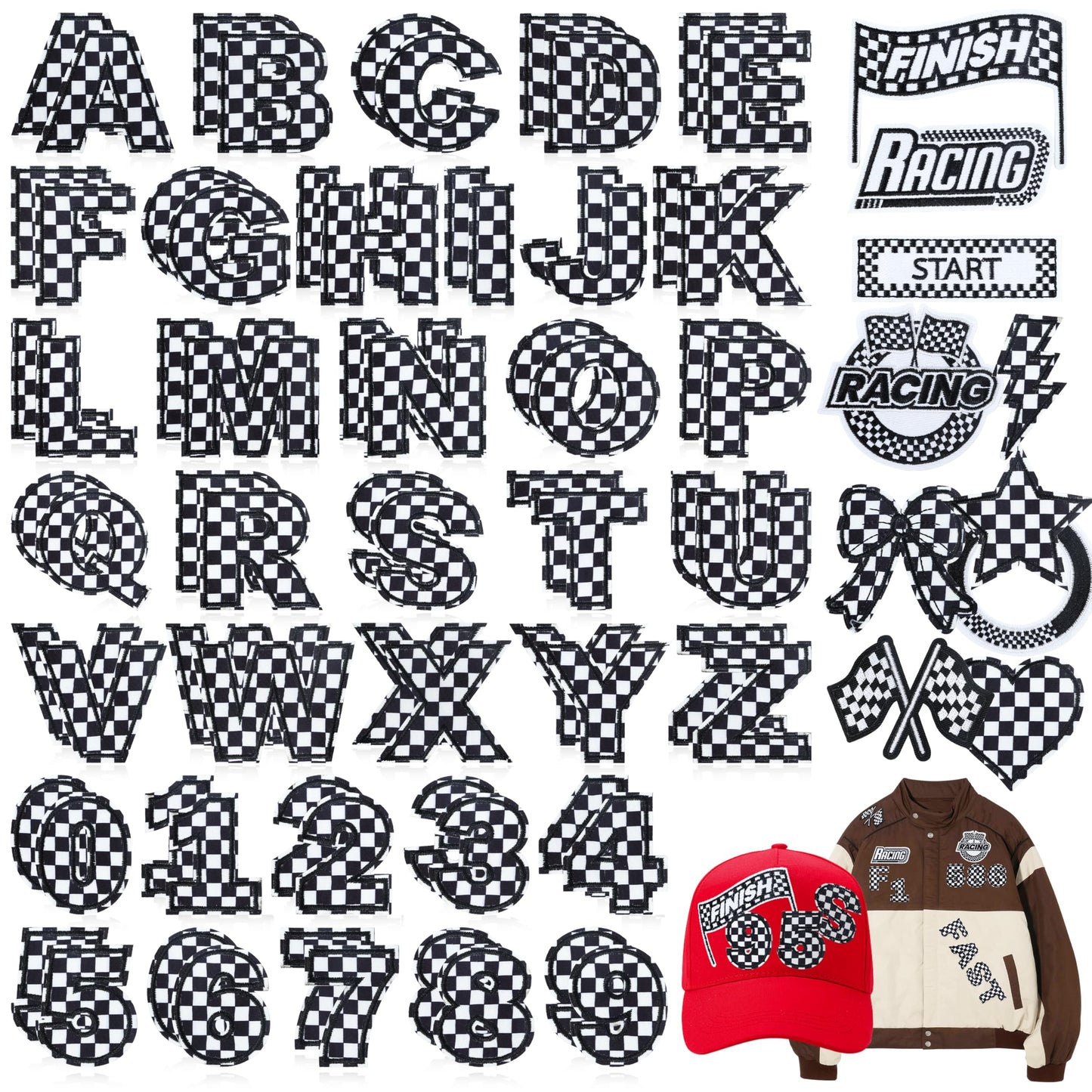 Meneng Letters and Numbers Patches for Racing: 82 Pcs Iron On Checkered Letters with Car Patches - Embroidered Flag Lightning Patch for Jacket Hat Customization