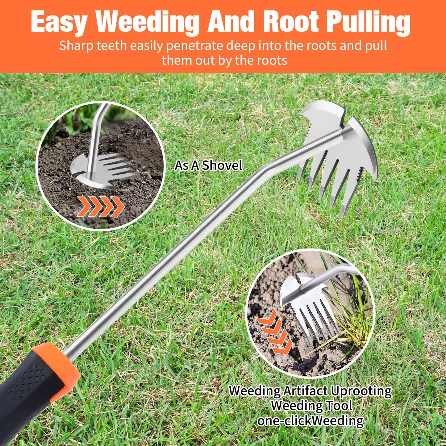 Weed Puller Tool, Portable Garden Weeder Tool, 2026 New Model Rubber Non-Slip Handle Stainless Steel 5-Teeth Weeding Tool, Garden Tools for Vegetable Gardening Backyard Farm Planting & Weeding Tool
