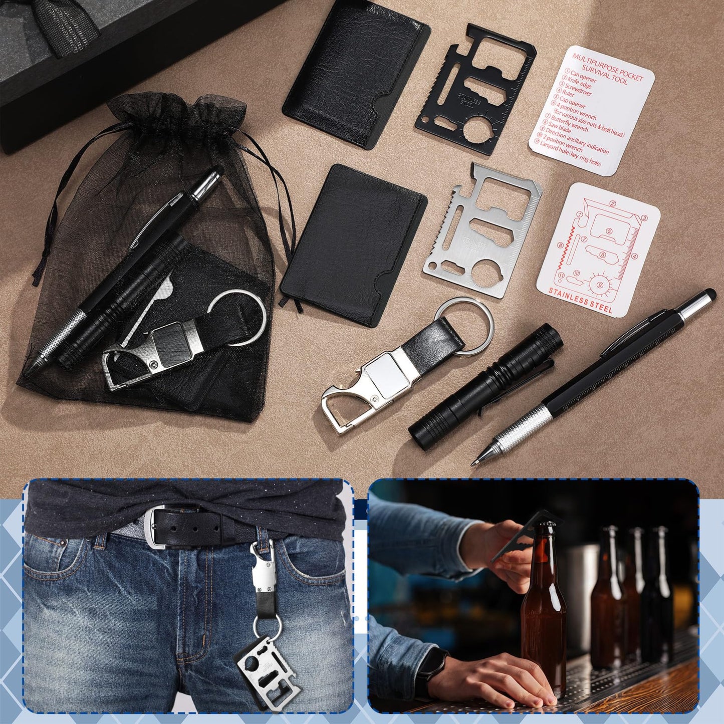 Huquary 30 Pcs Baby Shower Prizes for Men Gifts Bulk Multitool Pen Card Tool Keychain Flashlight for Winner Bachelor Party