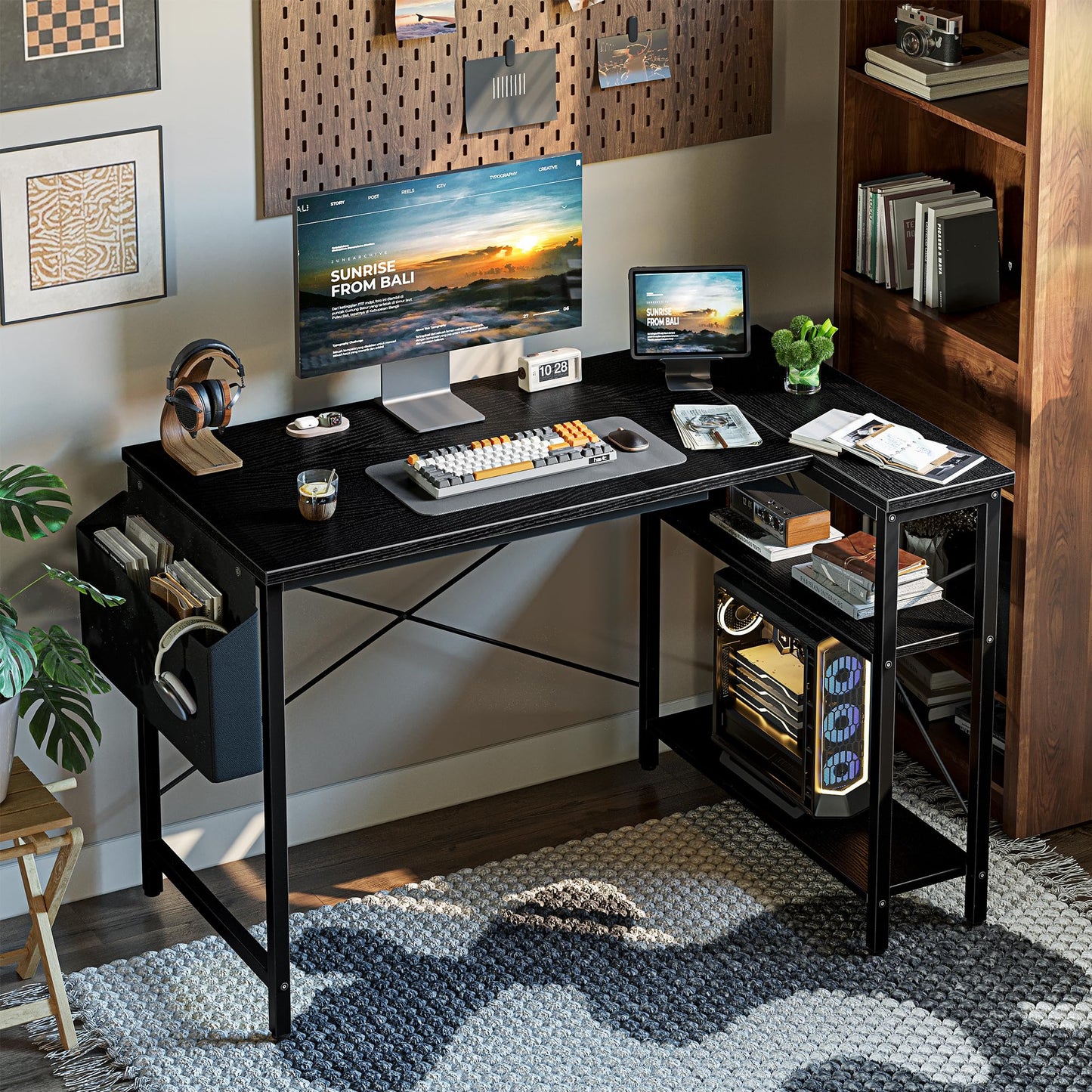 Grandder L Shaped Computer Desk with Reversible Shelves, 47 Inch Small Corner Desk with Storage Bag, Gaming Desk Computer Table Study Writing Table for Home Office Bedroom Small Space, Black