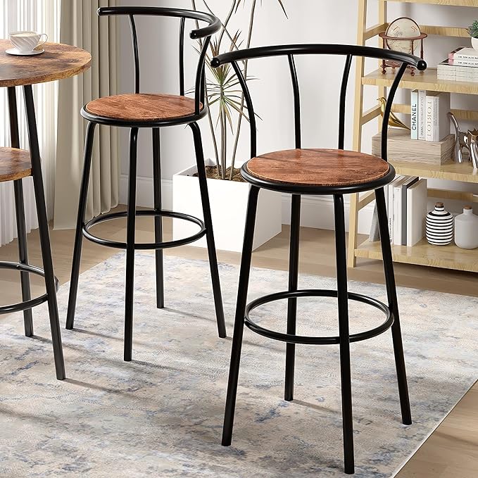 VECELO Bar Stools Set of 2, Swivel Counter Stools with Backrest, Bar Height Stools for Dining Room, Kitchen Island, Pub, Easy Assembly, Dark Brown