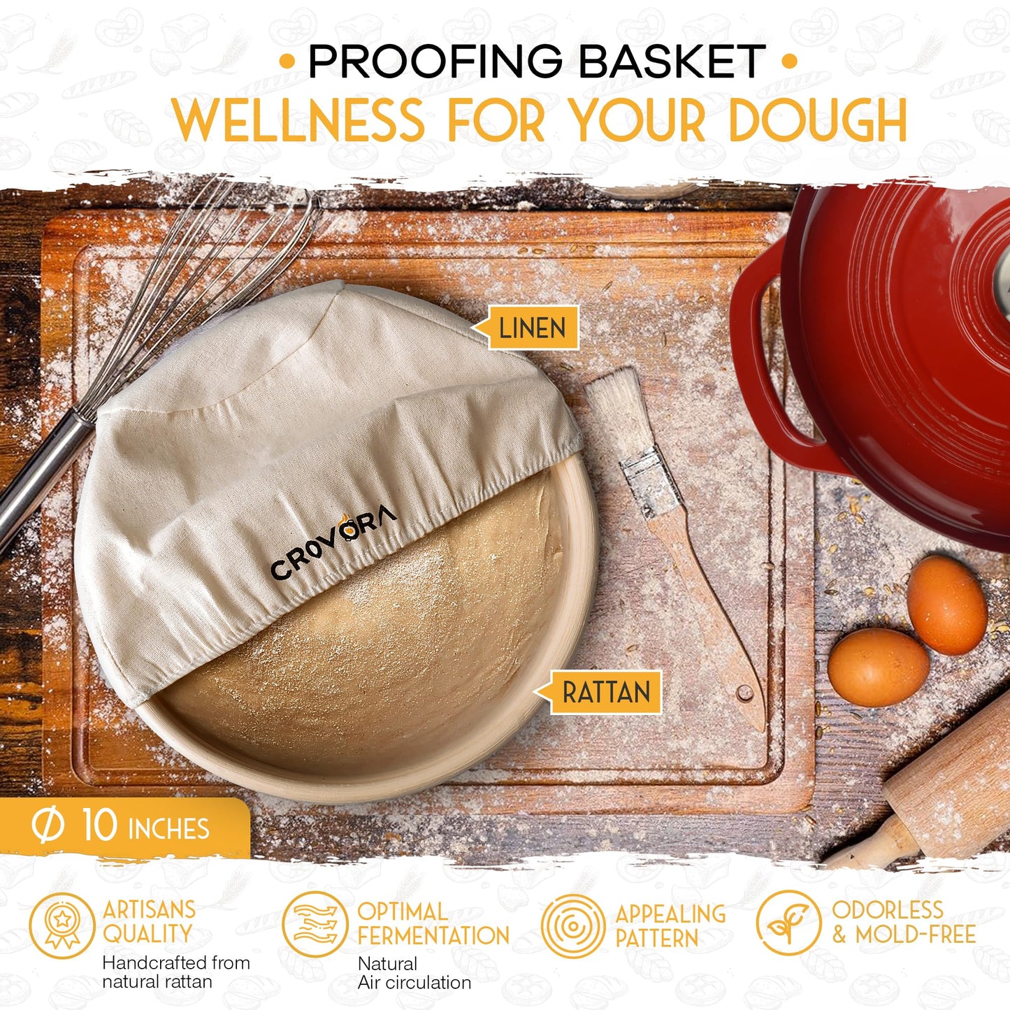 Crovora 6 QT Enameled Cast Iron Dutch Oven for Bread Baking with Lid - Incl. Sourdough Bread Baking Supplies like Banneton Bread Proofing Basket, Cast Iron Bread Oven, Bread Pan, bread making tools