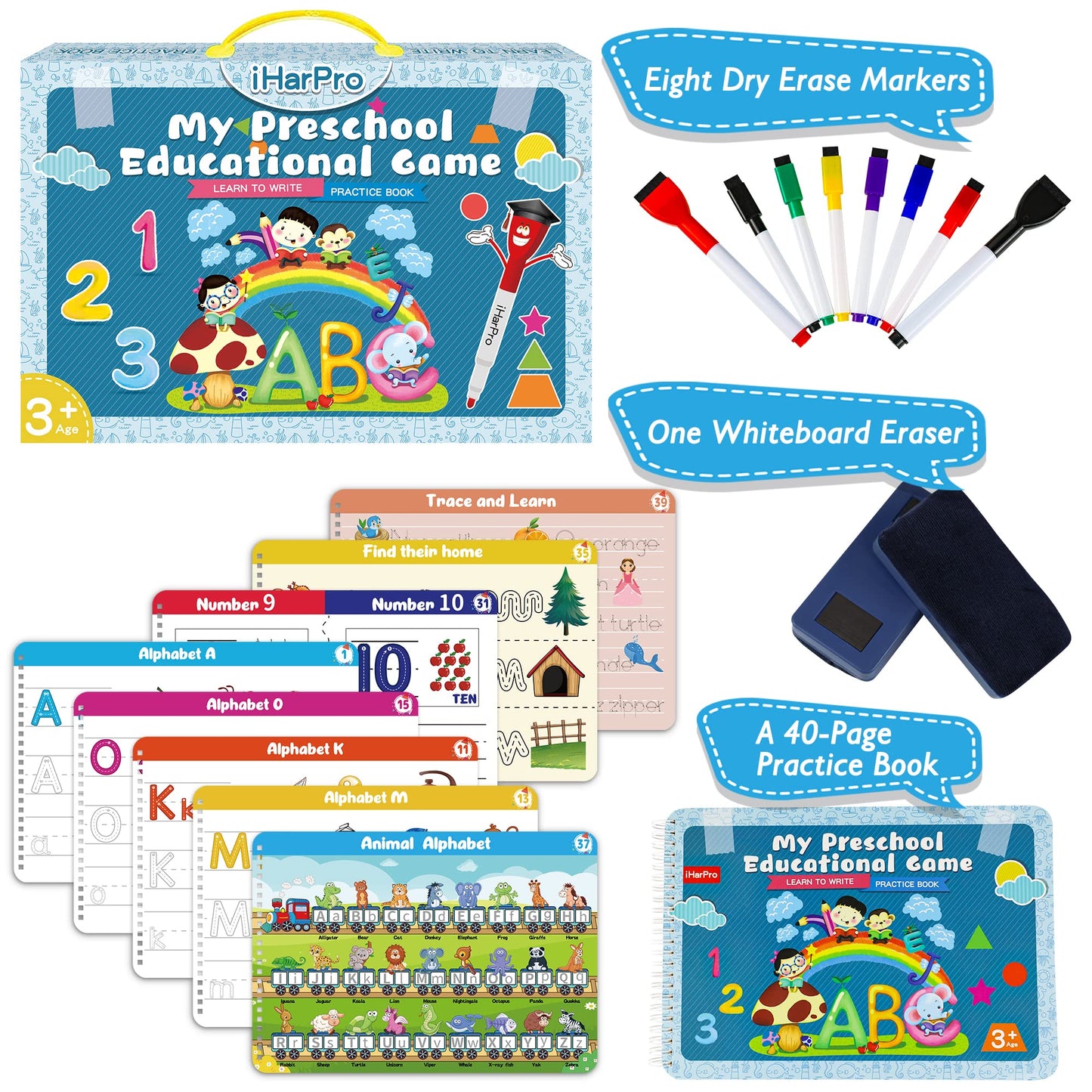 Handwriting Practice Tracing Books for Kids Ages 3-5, Montessori Preschool Learning Activity, Autism Educational Learn Number Letters Shapes Animal & Sight Words Workbook with 8 Dry Erase Markers