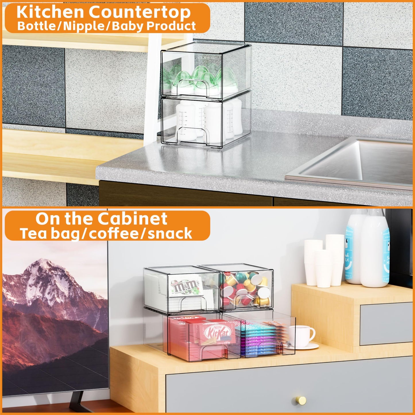 Yieach 2 Pack Clear Stackable Storage Drawers,4.4'' Tall Acrylic Drawer Containers for Organizing,Bathroom Organizers and Storage Bin Box,Plastic Makeup,Medicine Organizer Bins for Cabinet,Undersink
