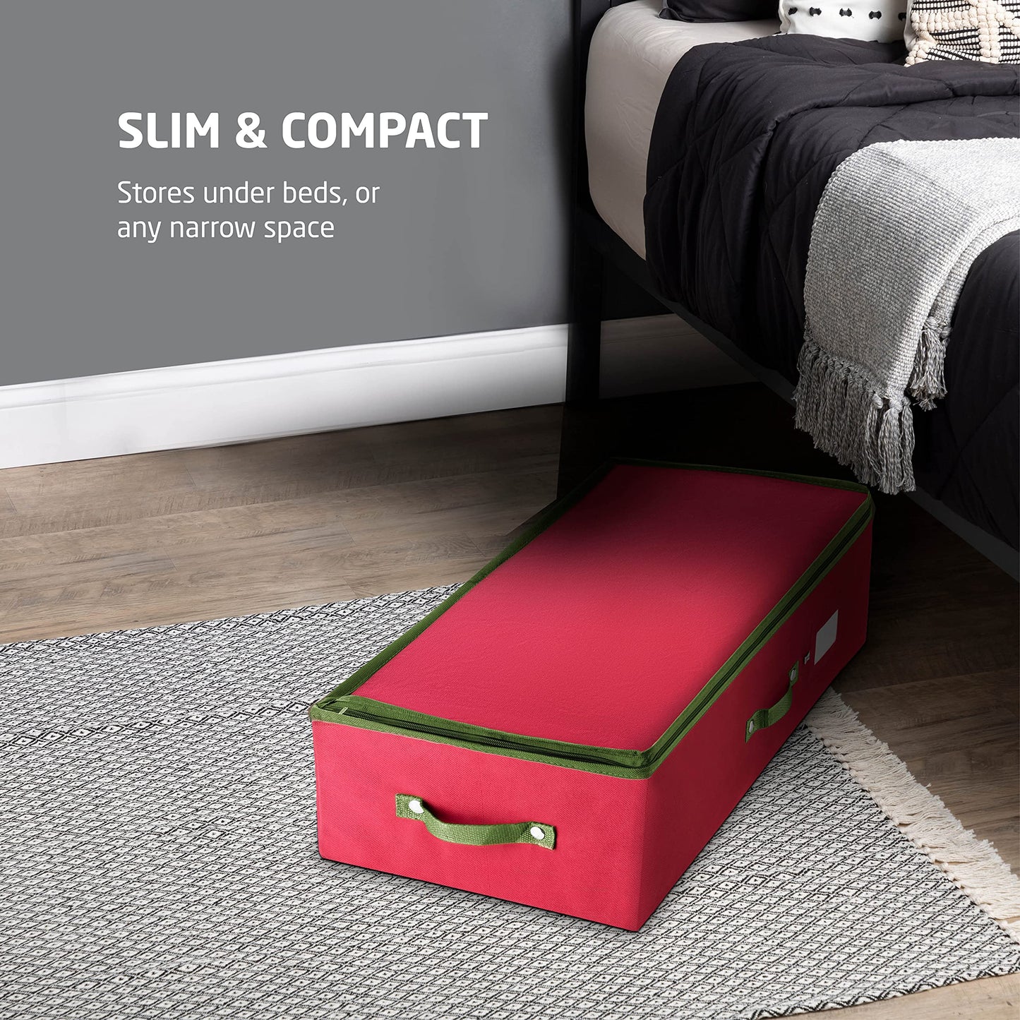ZOBER Underbed Christmas Ornament Storage Box - Stores 120 3" Ornaments, With Dividers - Tear Proof 600D Oxford Fabric, Ornament Organizer Storage Box, Durable Christmas Containers Holder - Red