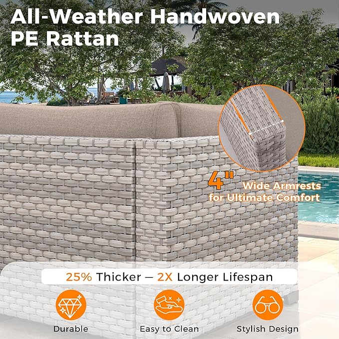6-Seat Modern Outdoor Wicker Rattan Patio Furniture Set with 55,000 BTU Fire Pit Table, Thick 4″ Cushions, All-Weather Dual-Strand Rattan, Rust-Resistant Steel Frame,Beige