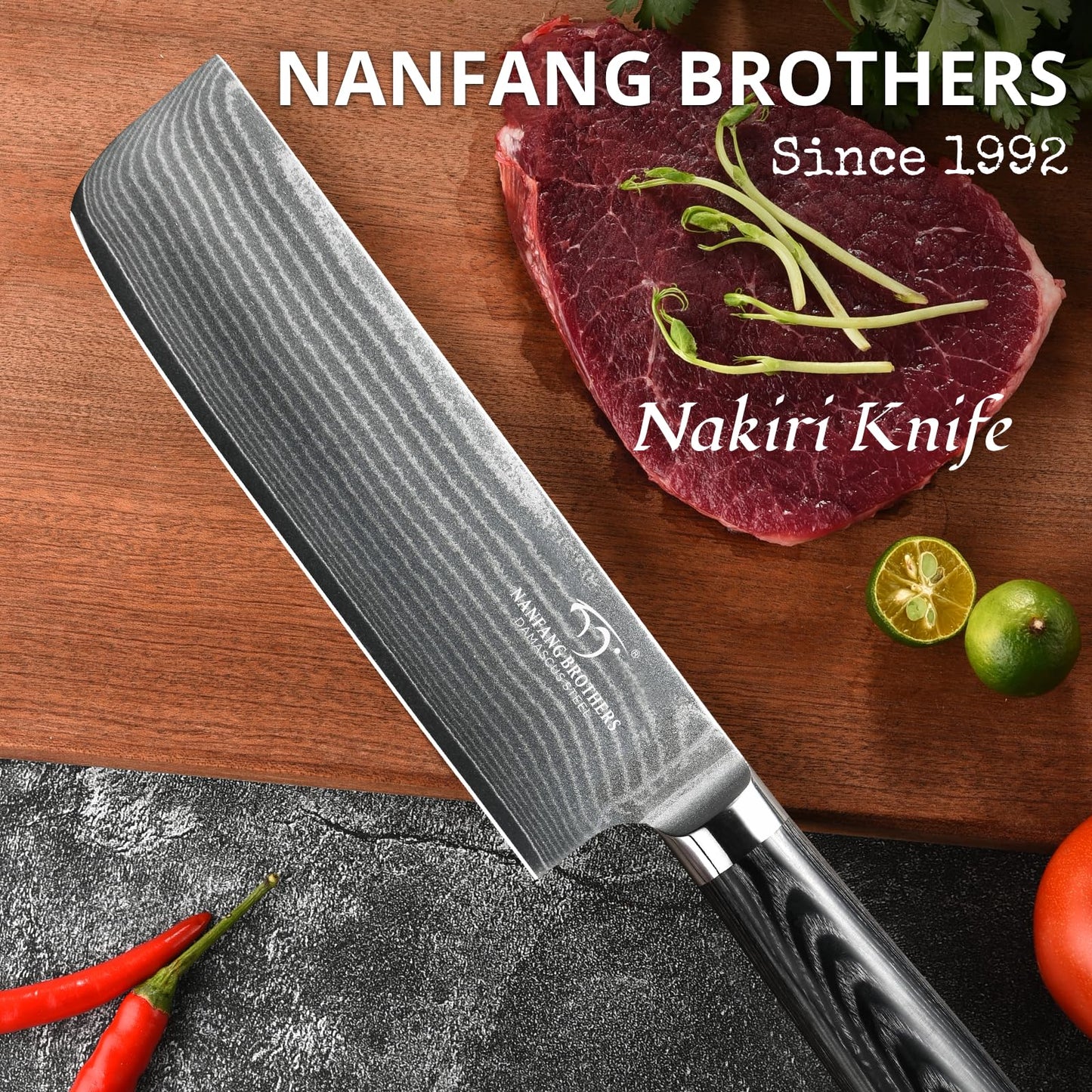 Damascus Nakiri Knife, 7 Inch Professional Kitchen Knife with Non-slip Wood Ergonomic Handle, Japanese 10Cr15CoMoV, All Purpose Chef Knife Meat Cleaver Vegetables Chopping, Razor Sharp Lightweight