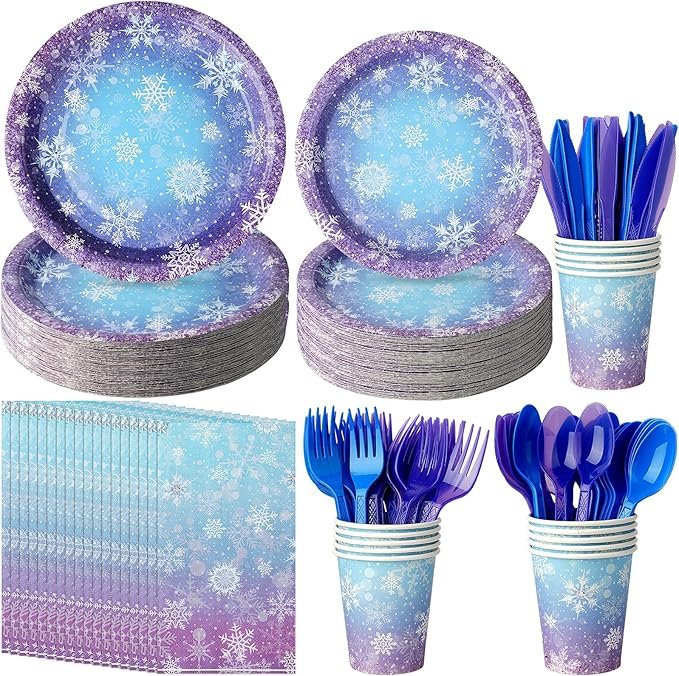 Winter Snowflake Paper Plates and Napkins Set, Blue and Purple Snowflake Winter Wonderland Disposable Tableware for Christmas Winter Holiday New Year Birthday Party Supplies Decorations, Serve 25