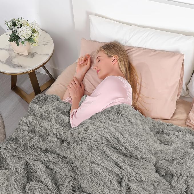 Tuddrom Decorative Extra Soft Fuzzy Faux Fur Throw Blanket 50" x 60",Solid Reversible Long Hair Shaggy Blanket,Fluffy Cozy Plush Comfy Microfiber Fleece Blankets for Couch Sofa Bedroom,Quiet Grey