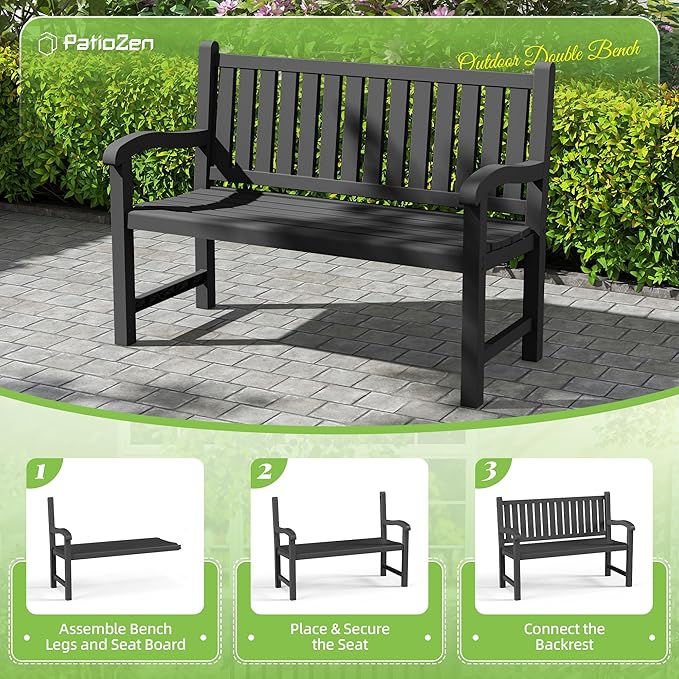 Outdoor Bench, Waterproof & Weatherproof Garden Bench with Ergonomic Design, 2-Person Resin Bench for Porch, Deck, Patio, Outdoor, Garden & Park(Black)
