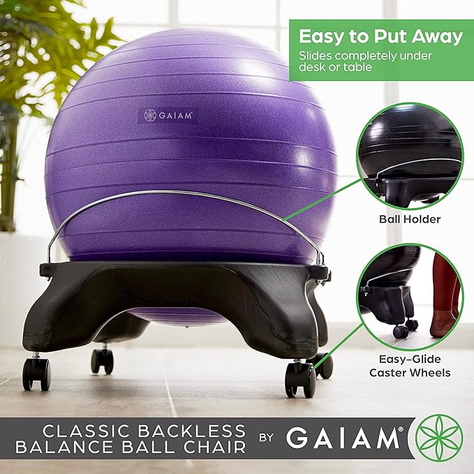 Gaiam Classic Backless Balance Ball Chair – Exercise Stability Yoga Ball Premium Ergonomic Chair for Home and Office Desk with Air Pump, Exercise Guide and Satisfaction Guarantee