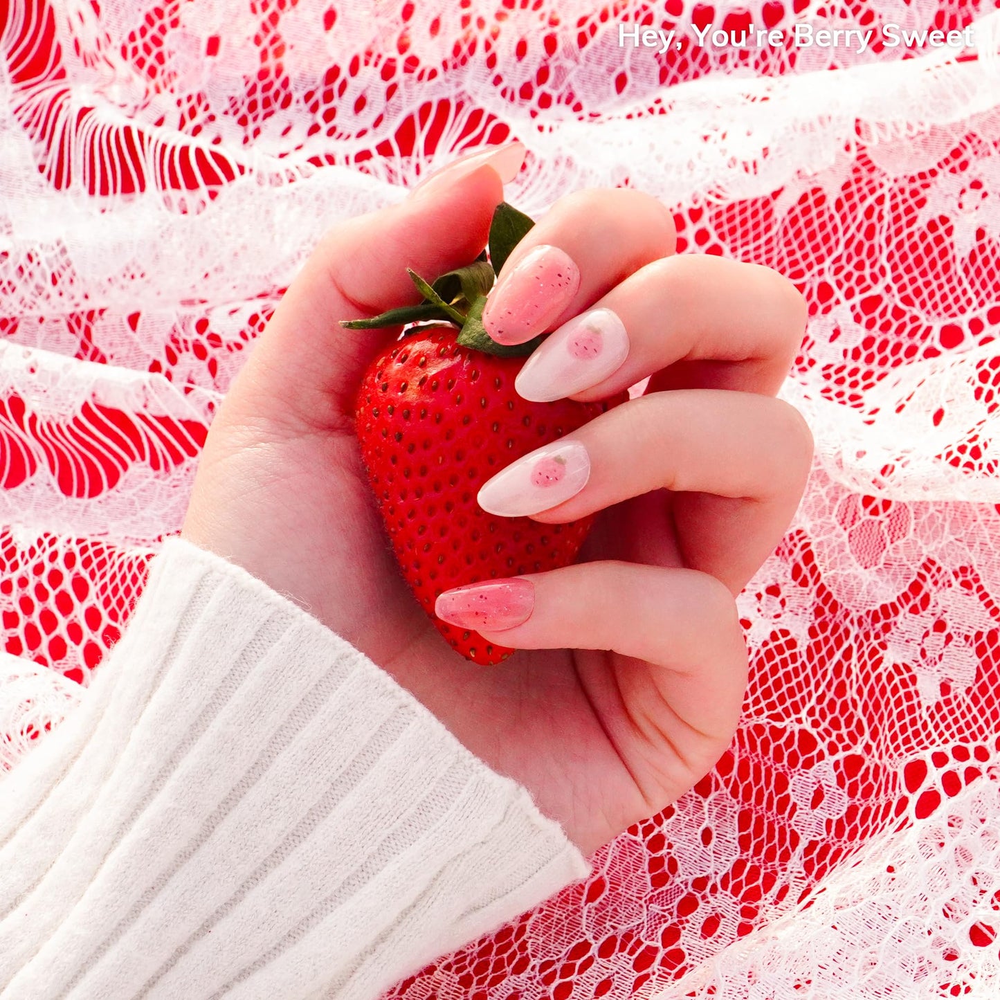 Heyhae Semi Cured Gel Nail Strips | No LED Lamp Needed | Glitter, Pink, Spring | Easy Apply & Remove, Salon Quality |Includes 28 Strips, 1 Prep Pads, Nail File & Wooden stick - Hey, You're Berry Sweet