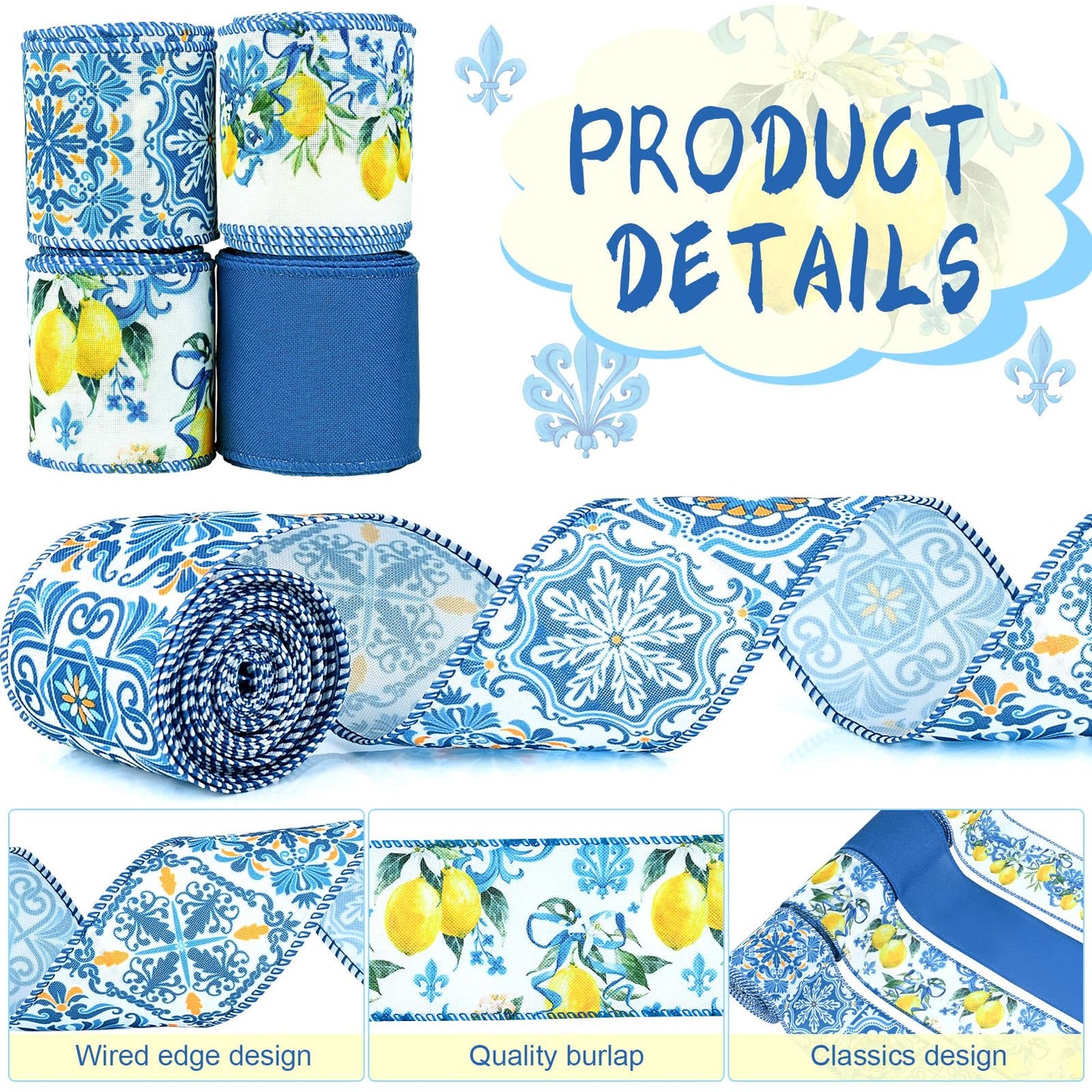4Rolls 20 Yards Lemon Wired Edge Ribbon 2.5inch Summer Blue Tiles Yellow Lemon Printed Fabric Ribbon for Wreath Bow Making DIY Crafts Wrapping Supplies