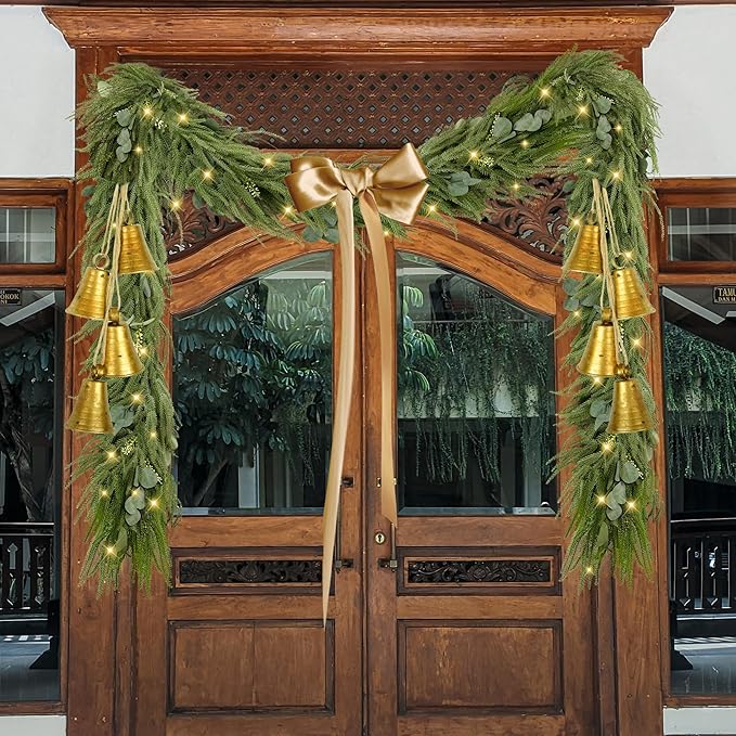 Sggvecsy 6Ft Christmas Fork Norfolk Pine Garland Artificial Christmas Garland Real Touch Pine Greenery with Eucalyptus for Table Wall Mantle Indoor Fireplace Home Holiday Decoration (1 Pack)