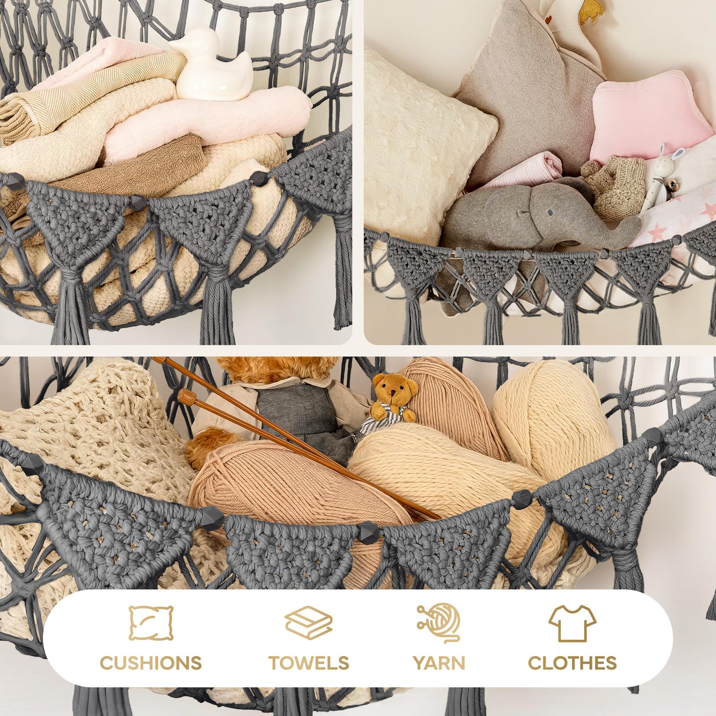 TIDYTEDS Macrame DreamLights Boho Stuffed Animal Storage Net or hammock Extra Large for Small or large Plushies. Plush Gray Toy Storage Holder