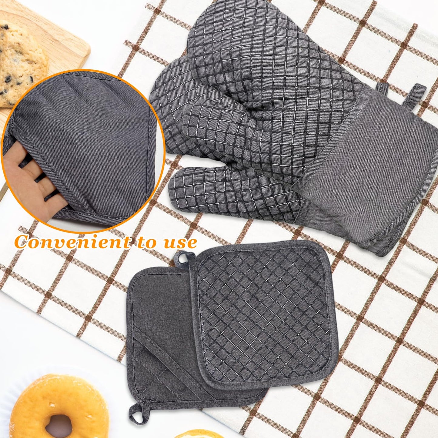4 Pcs Oven Mitts and Pot Holders,Kitchen Long Oven Glove High Heat Resistant 500 Degree,Extra Thicken Oven Mitts and Potholder with Non-Slip Silicone Surface for Baking,Grilling,Cooking(Grey)