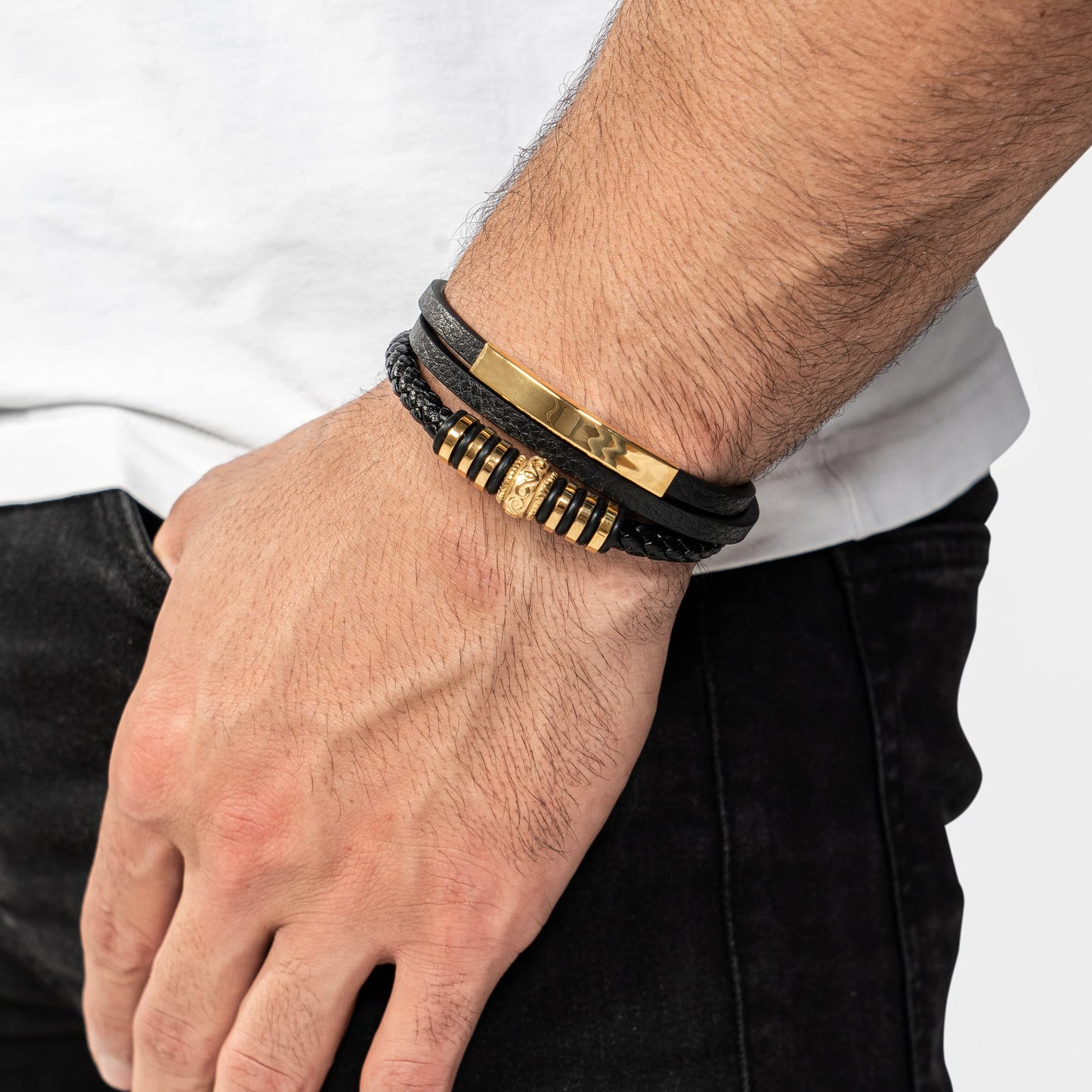 SERASAR Mens Bracelets 20cm Gold Gift Box Genuine Leather Cowhide Braided Adjust Able Magnetic Clasp Multi Layer Wrap Jewellery Rope Man Mans Male Band Jewelry Accessories