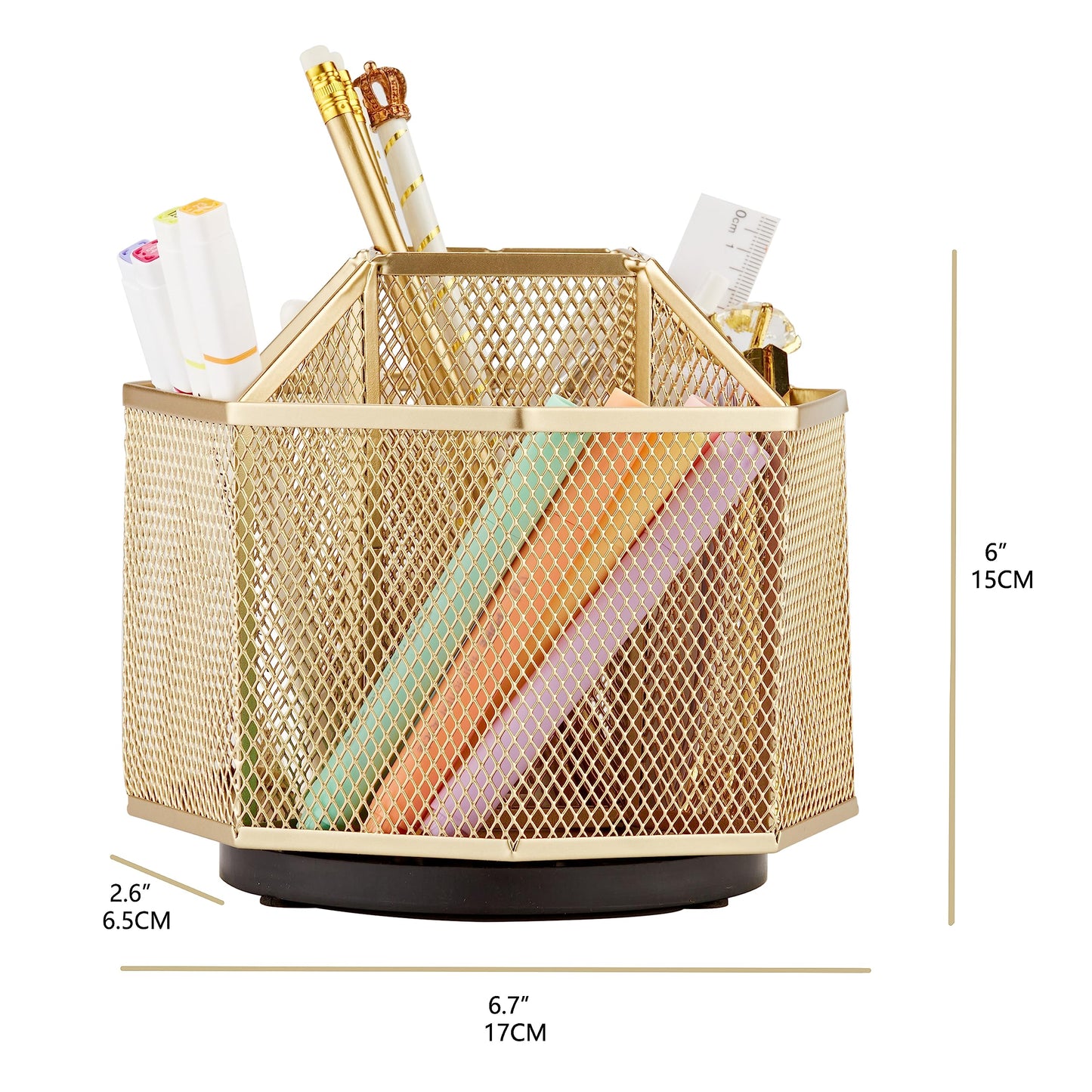 Annova Mesh Desk Organizer Rotate with 5 Compartments Spinning Tidy Candy/Pen Holder Office, Art Supply, Storage, Classroom, Home (Gold)