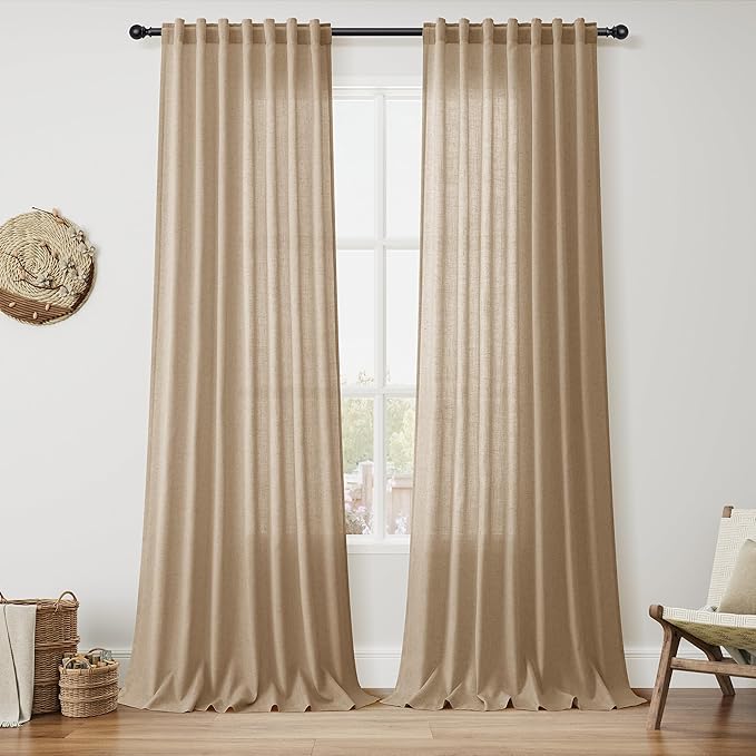 Nanspring Sand Beige Curtains 102 Inches Long for Living Room Bedroom Linen Light Filtering Simple Modern Curtains Back Tab Privacy Semi Sheer Curtain for Dinner Room Office 52x102, 2 Panels