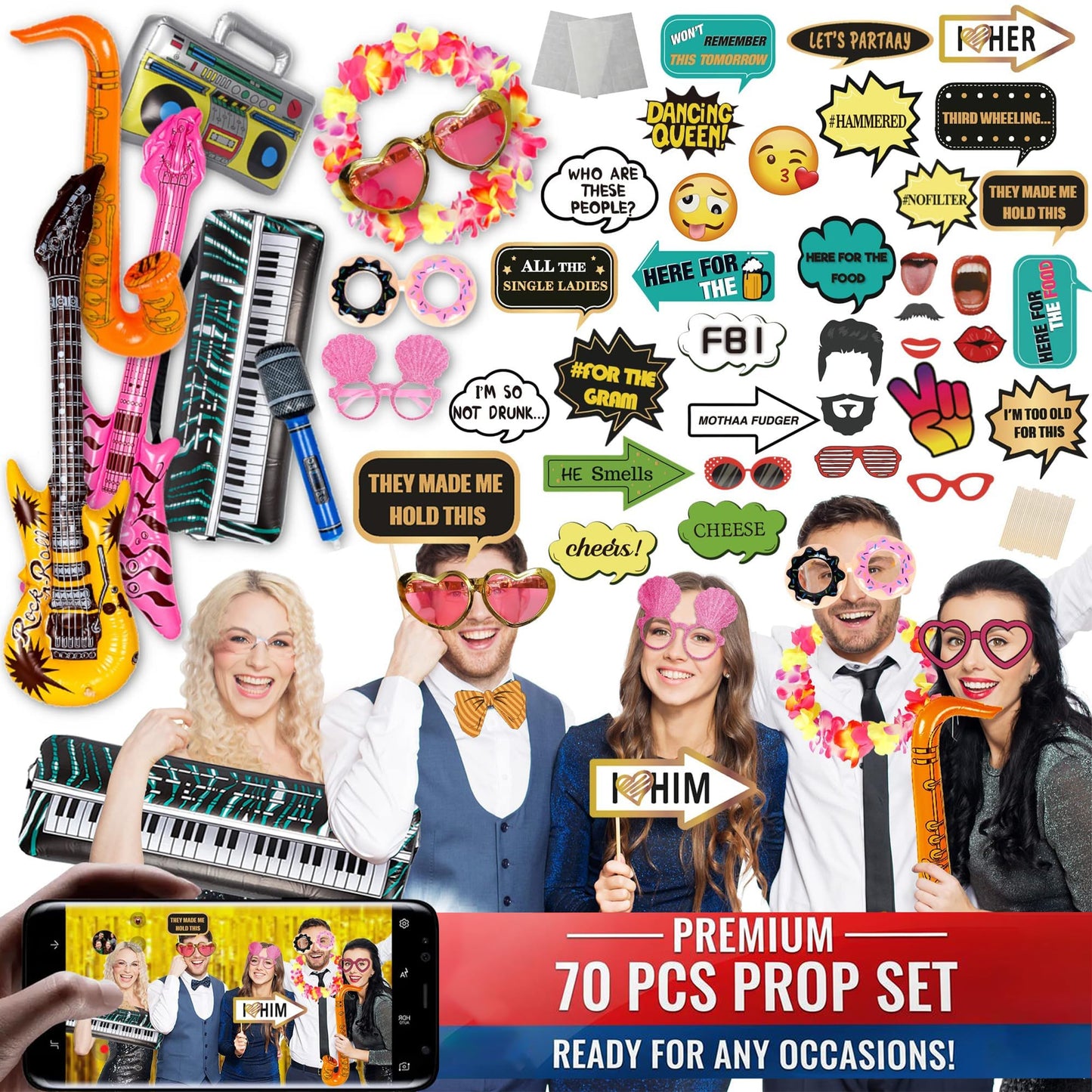 SOUL SHIFT 70 Pc Large Premium Photo Booth Props Set for All Occasions - Wedding Props, Birthday Props, Graduation Prop, Inflatables, Large Glasses, Multi-Colored Wig, Hawaiian Lei, Hand Pump
