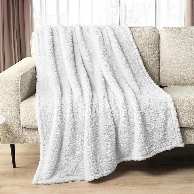PAVILIA Sherpa Throw Blanket for Couch Sofa, White Fluffy Warm Plush Blanket for Twin Bed, Cozy Super Soft Lightweight Throw, Fuzzy Decorative Blanket, All Season Home, 60x80
