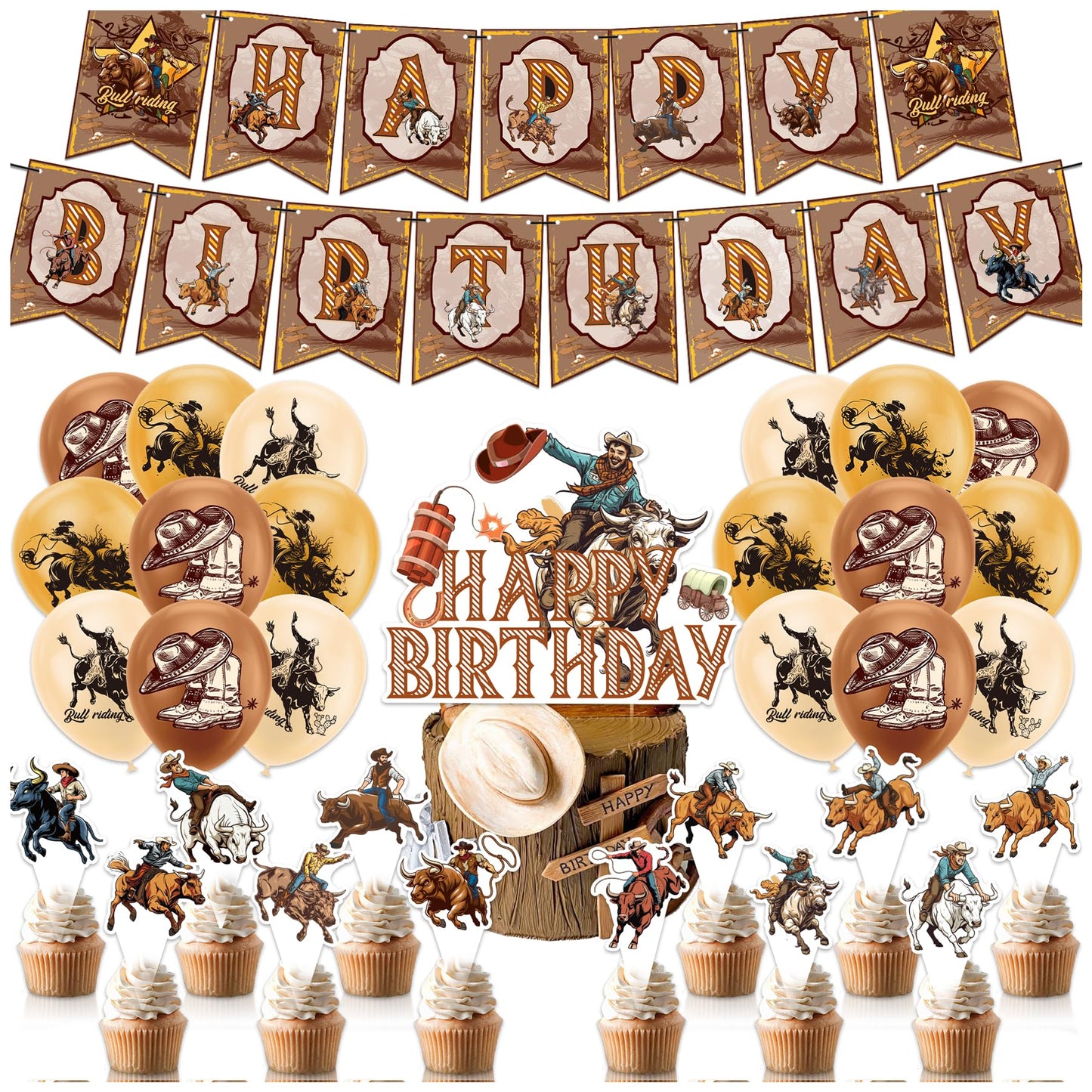 Bull Riding Birthday Party Decorations Bull Riding Party Supplies Kit with Banner, Cake Topper, Cupcake Topper, Balloons for Bull Riding Decoration Western Cowboy