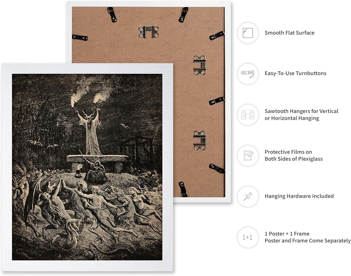 Poster Master Vintage Gustave Dore Poster - Retro Illustration Print - Gift for Gothic, Horror Fan - Dance of Sabbath, Witch, Magic, Spell - Wall Decor for Bedroom, Dorm, 11x14 White Framed