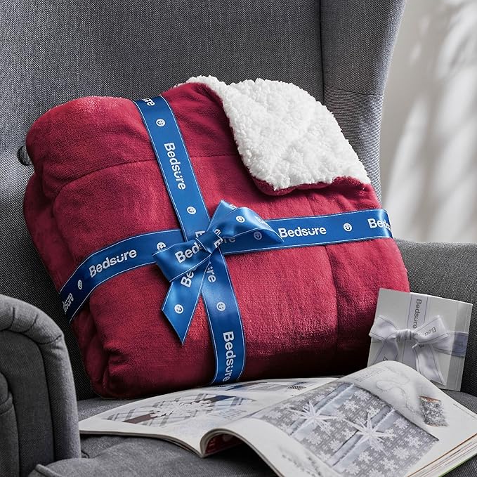Bedsure Sherpa Fleece Blankets King Size for Bed - Thick and Warm, Soft Fuzzy Plush King Blanket for Winter, Red, 108x90 Inches
