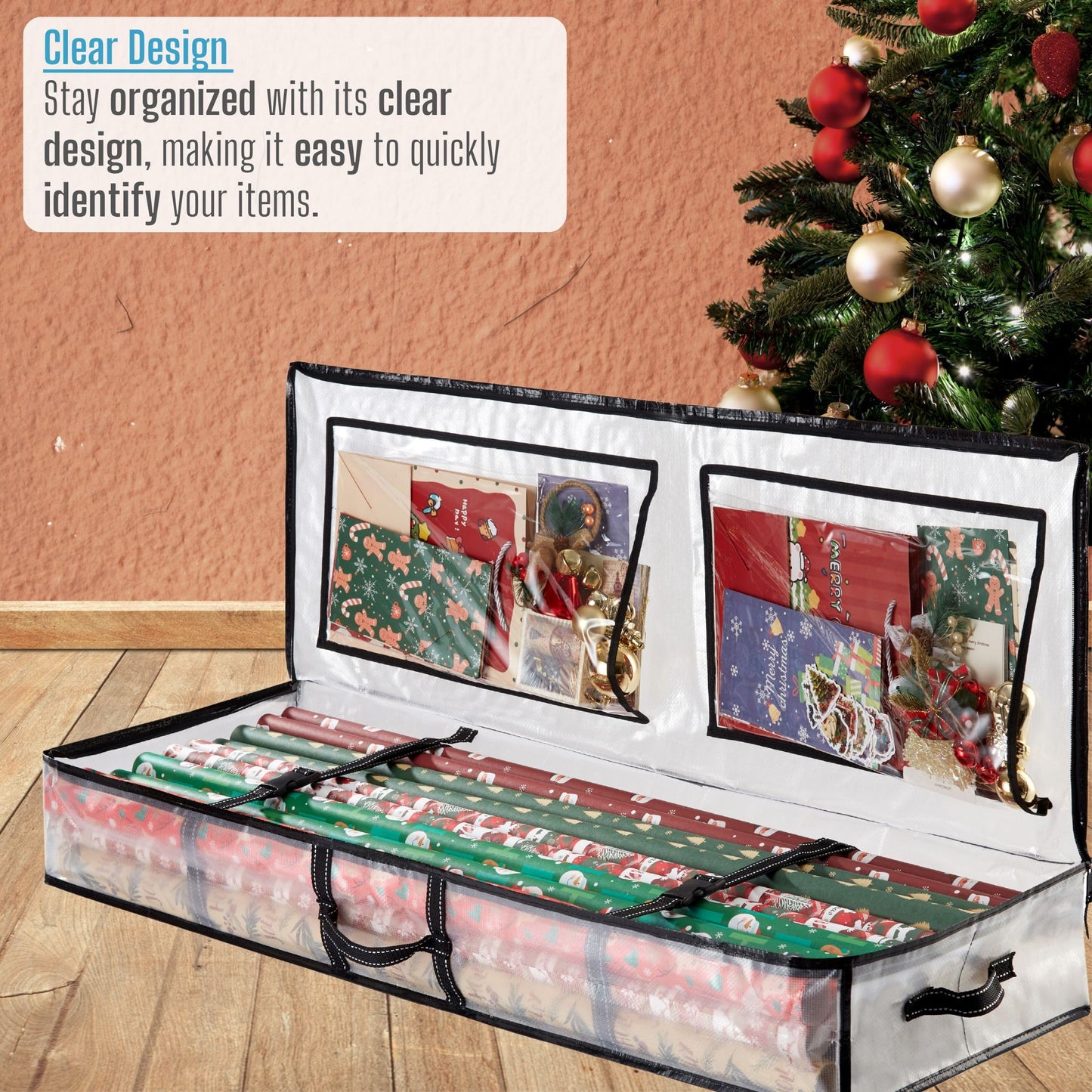 VENO 2 Pack Clear Wrapping Paper Organizer Storage Box for Christmas Gift Bags and Holiday Accessories, Underbed Storage Container with Interior Pockets, 40 Inches Long Fits 24 Rolls (2 Pack)
