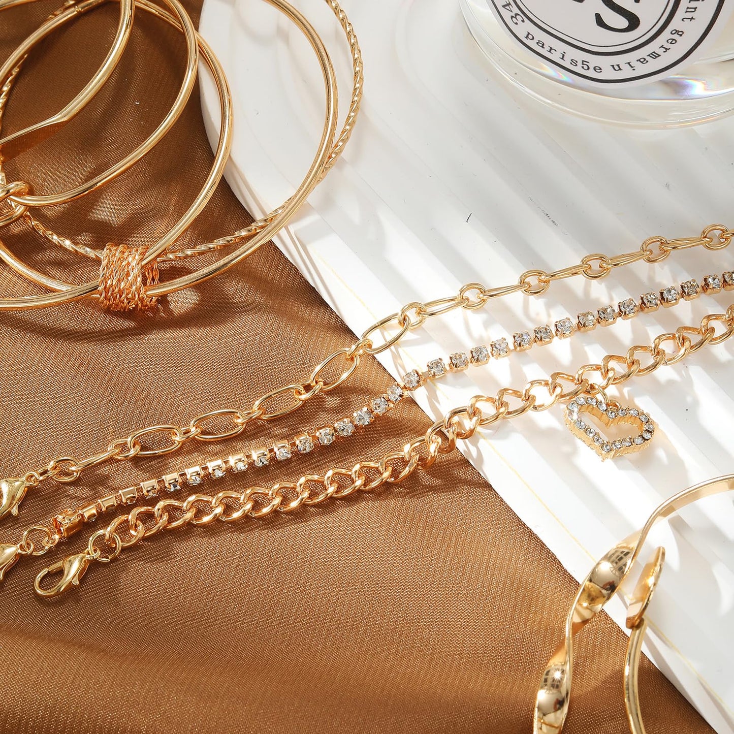 IFKM 6 Pack (27 Pcs) 14K Gold Plated Stackable Open Cuff Bangle Chain Bracelets Set for Women