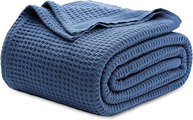 Bedsure 100% Cotton Blanket King Size for Bed - Breathable and Soft, Waffle Weave Blanket for Summer Spring, Navy, 104x90 inches