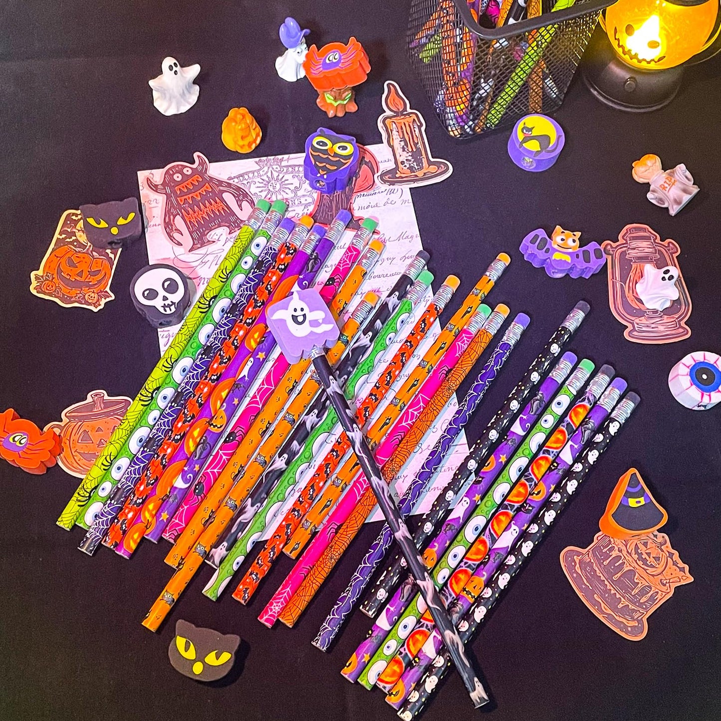 JXITON 24pcs Halloween Pencils with Eraser Toppers Ghost Pumpkin Wooden Pencils for Halloween Goodie Bag Fillers Supply