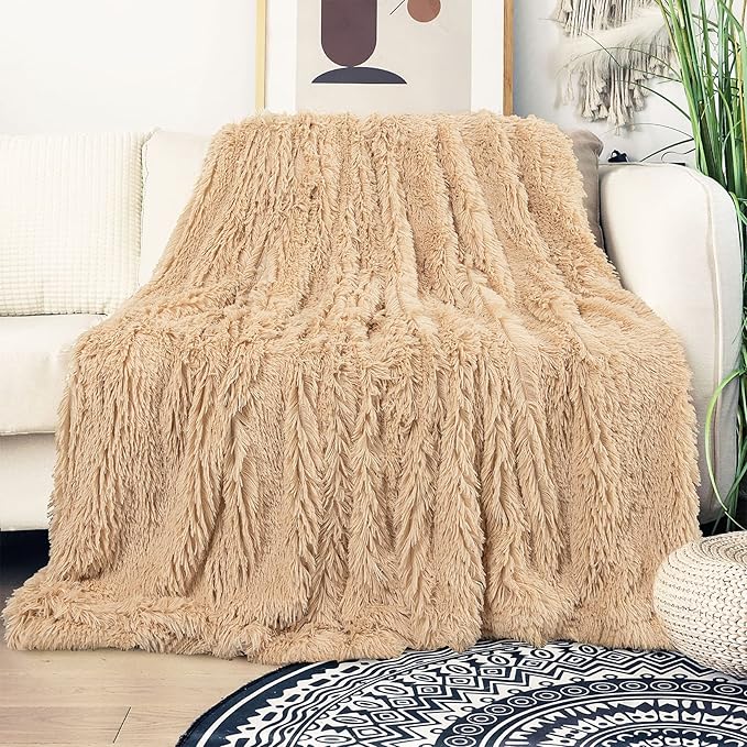 Tuddrom Decorative Extra Soft Faux Fur Throw Blanket 50"x60",Solid Reversible Fuzzy Lightweight Long Hair Shaggy Blanket,Fluffy Cozy Plush Fleece Comfy Microfiber Blanket for Couch Sofa Bed,Apricot