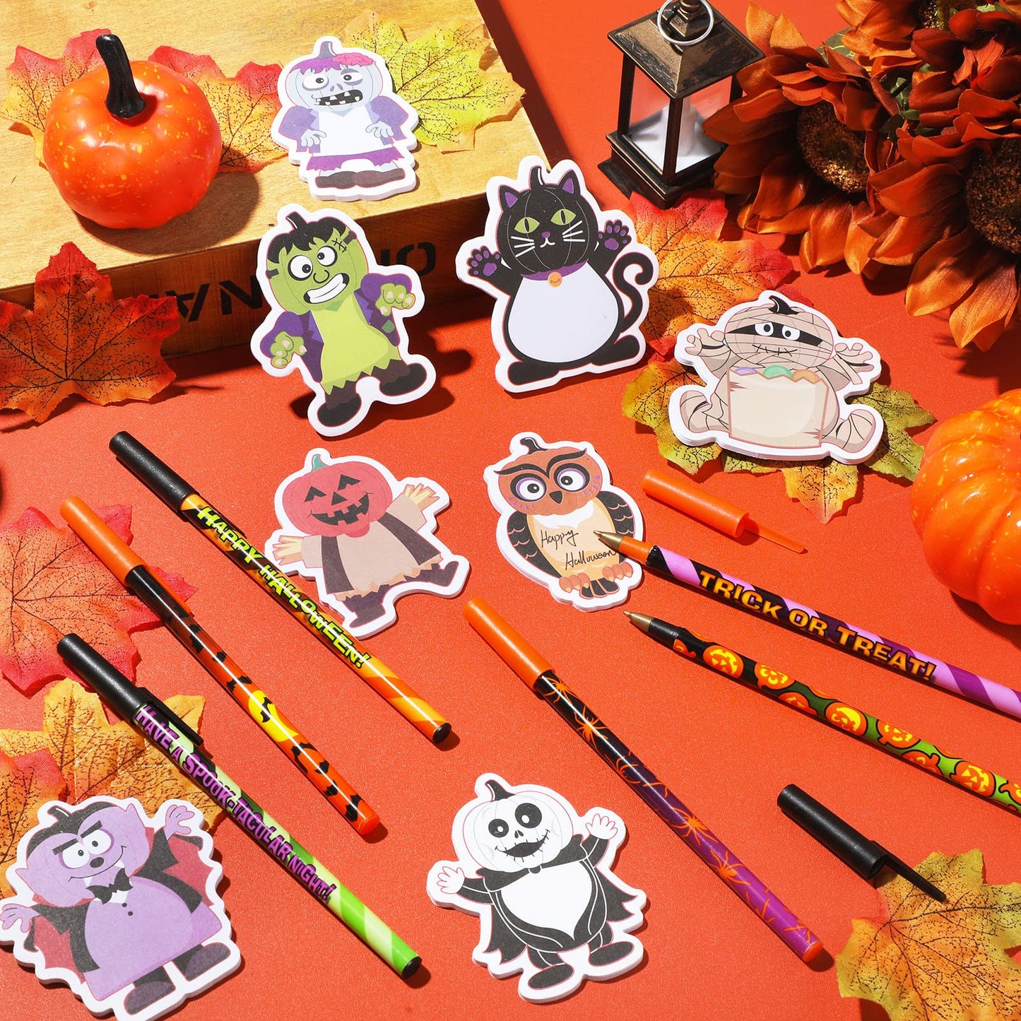 480 Sheets Halloween Sticky Notes 24 Pcs Halloween Ballpoint Pens and 24 Pads Halloween Sticky Notepad for Halloween Party Favor Gift Office Supplies