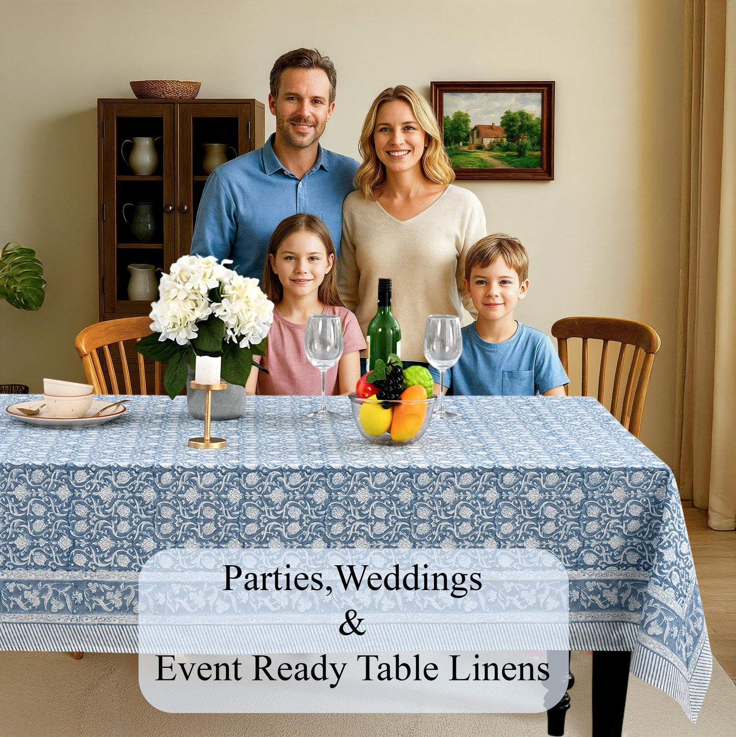 CPC Azure Regal Tablecloth 100% Cotton 70x118 Inch Indian Block Print Rectangle Table Cover, Table Cloth for Gifting in Weddings, Halloween, Fall, Christmas, Thanksgiving